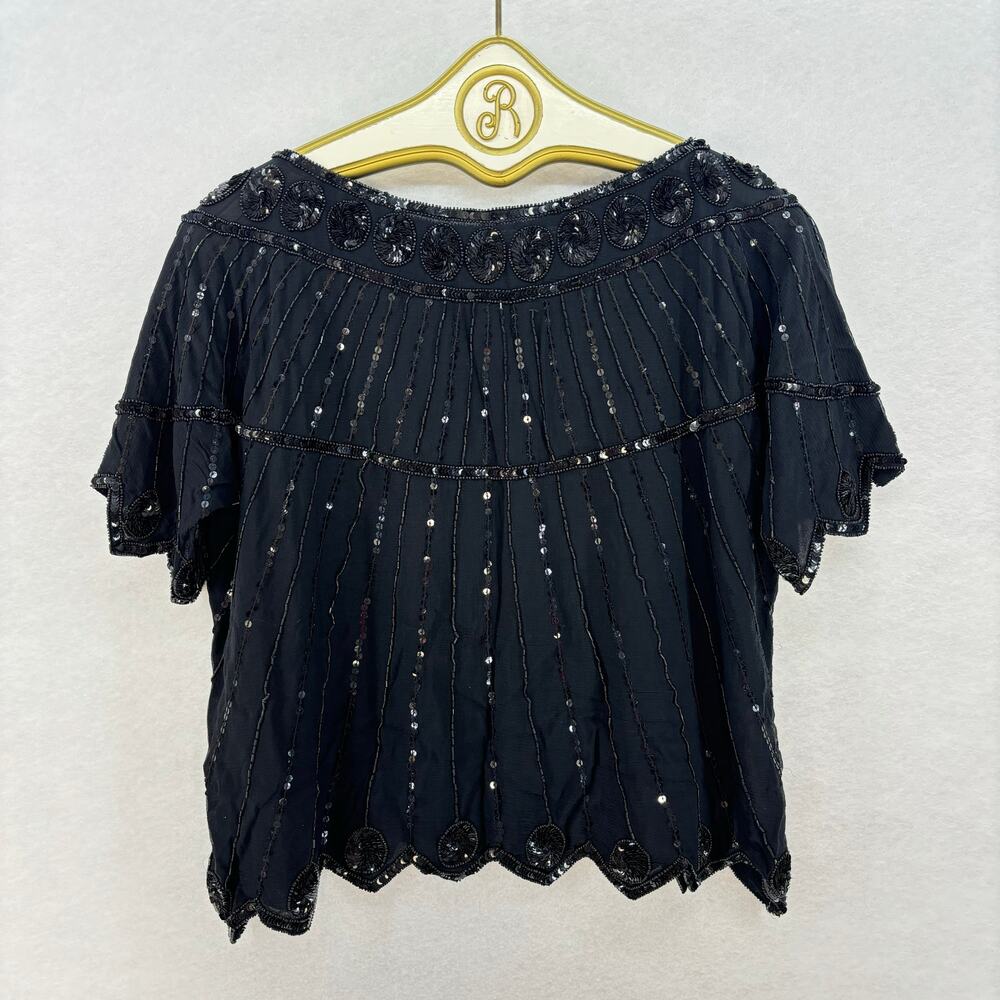 Vintage Black Sequin Beaded Short Sleeve Blouse